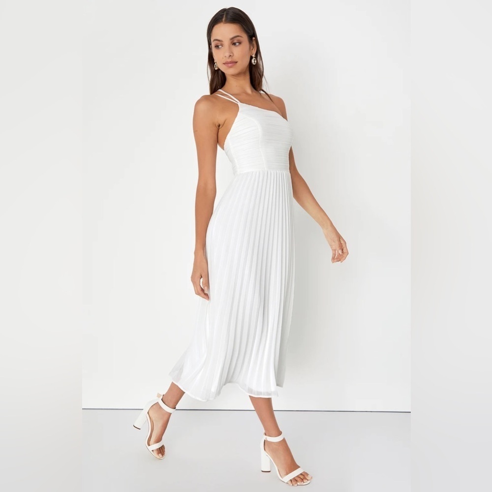 NWOT Lulus Wondrous Muse White Pleated One-Shoulder Plisse Midi Dress - Picture 4 of 10
